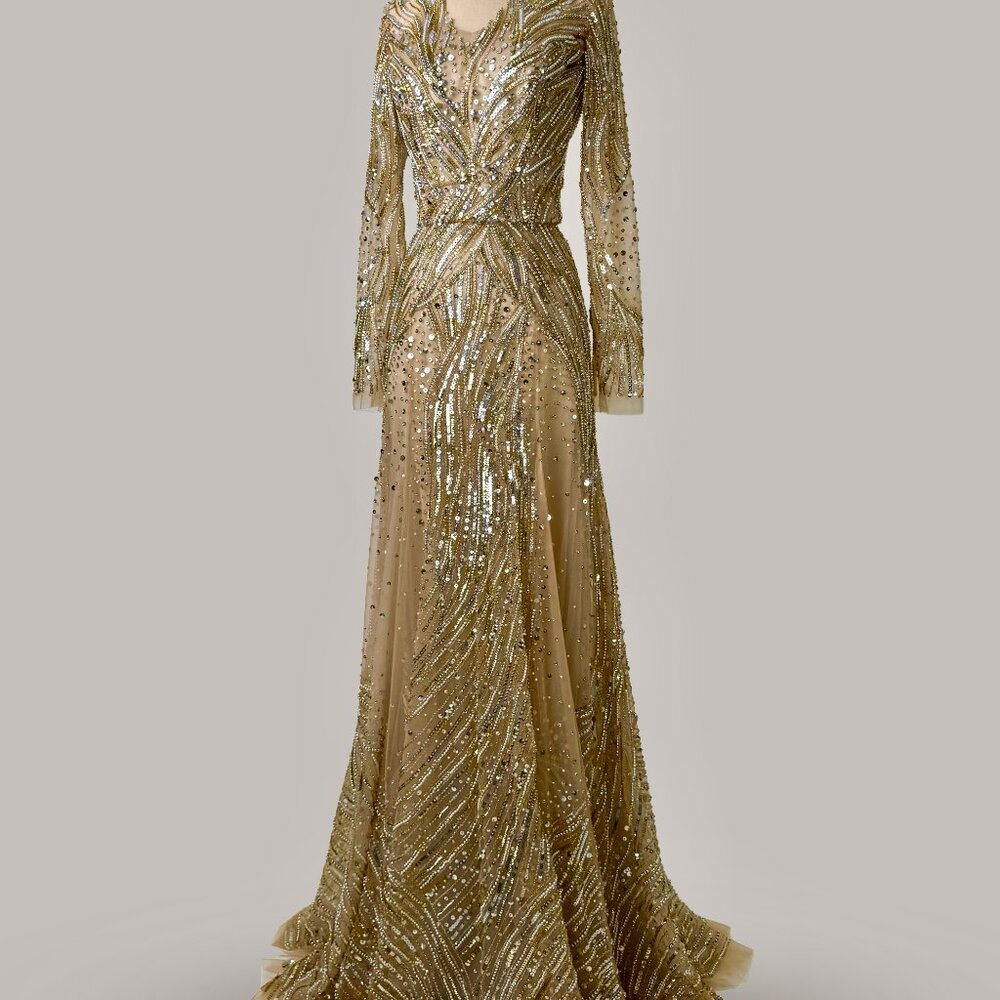 Brand New US 8 Anna Augusta Maxi Gold Evening Dress